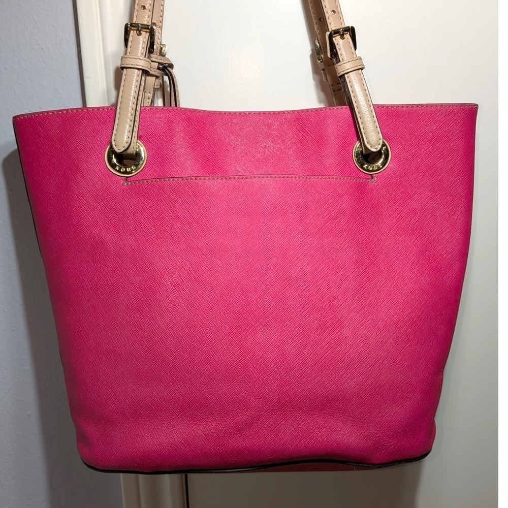 Michael Kors Tote Bag Hot Pink Tan Coated Canvas Leather Handles Jet Set Purse - Picture 4 of 16